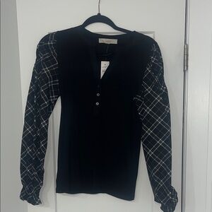 NWT LOFT Black Blouse with Checkered Sleeves